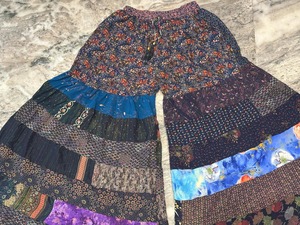 Recycled Sari Silk Wide Leg Patchwork Pants Boho Flared Silk Trousers Pants Elastic Waist Palazzo Maxi - Product Image 6