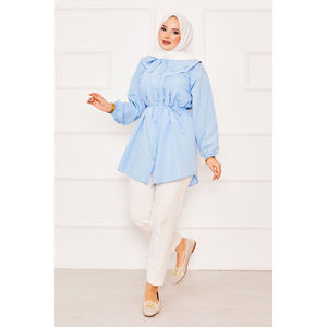 Double Collar Drawstring Waist Modest <b>Tops</b> Baby Blue Hijab Shirt - Product Image 1