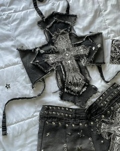 Croix Patchwork fronde femmes mode Sexy rétro Rivet Denim a-ligne jupe costume Y2K charme poche cargo wrap - Product Image 2