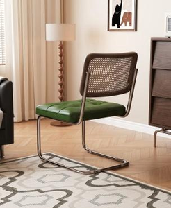 Midcentury Modern <b>Rattan</b> Back Chair With Tufted Leather Seat Metal Legs Living Room Furniture Leisure Chair - Product Image 3