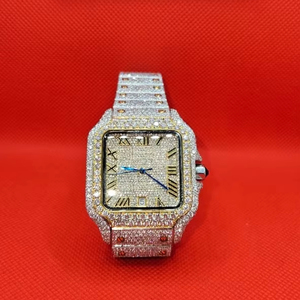 Reloj de lujo Hip Hop para hombre, completamente para hielo azul cuadrado, caja plateada, diamantes simulados completos, movimiento de cuarzo, 5mm de espesor, Ronda - Product Image 1