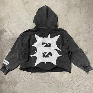 Logo personnalisé délavé à l'acide vintage coton vieilli brodé Patchwork recadrée pull sans cordes hommes couper et coudre sweat à capuche - Product Image 5