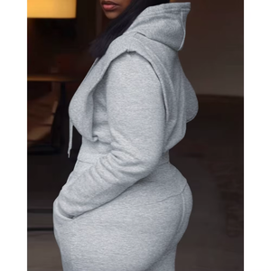 Elegant Two-Piece Solid <b>Short</b> <b>Top</b> Hooded Long <b>Sleeve</b> Sweatshirt Casual Wide-Leg Sweatpants Set for Women Autumn Winter - Product Image 2