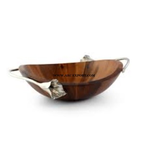 Tazón para mezclar alimentos de cocina de madera de teca con asas de aluminio de diseño de hojas, vajilla para el hogar, mesa de comedor, tazón de comida y postre - Product Image 1