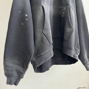 Ropa de calle de alta calidad, Vintage, rasgado, con cuello en V, en blanco, hombros caídos, tejido sólido, lavado ácido, sudaderas con capucha regulares desgastadas, Unisex - Product Image 2