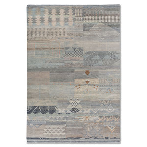 Alfombra Manchaha Lub-120 Azul, Tejida a Mano con Lana y Seda, Rectangular Grande con Patrón Geométrico para Sala de Estar, Pasillo, Modelo Puzzle - Product Image 1