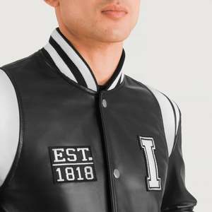 GLOBAL LEATHER Vintage Varsity <b>Jacket</b> in Black <b>Sheepskin</b> Leather Waterproof Embroidered Pattern Unisex Sizes XS XL Autumn Season - Product Image 3