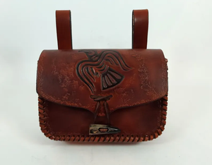 Unisex Middeleeuwse Echt Lederen Riemtas Handgemaakte Viking Raven Ontwerp Bruin Geponste Vlechten Vintage Mode Vogel Natuur Dame - Product Image 4
