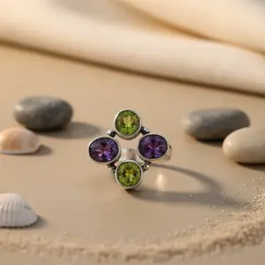 Bague en argent 925 plaqué rhodium avec pierres précieuses en péridot, améthyste et zircon pour femmes, sertie en bélière - Product Image 3