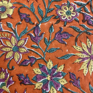 Tela Tradicional Multicolor con Estampado Floral a Mano sobre Base Naranja, Estética Textil Folclórica Mexicana - Product Image 1