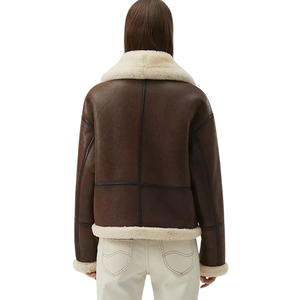 <b>Women's</b> Real Sheepskin Shearling Fur Leather <b>Flying</b> Brown Bomber <b>Jacket</b> - Product Image 2