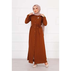Robe décontractée marron boutonnée à manches élastiquées, respirante et légère, taille XS, motif uni, longueur genou, pour le printemps et l'automne - Product Image 3