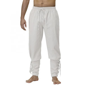 Pantalones deportivos de algodón 100% blancos para hombre, Pantalón recto en la cintura con cordón curvo, dobladillo con lazo, informal, ajuste relajado, ligero y transpirable - Product Image 1