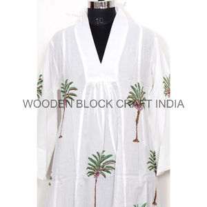 Handmade White Cotton <b>Midi</b> <b>Dress</b> for Women Boho Style with Loose Fit Eco-Friendly Hand Block Print Casual Vacation <b>T</b> <b>Shirt</b> - Product Image 4