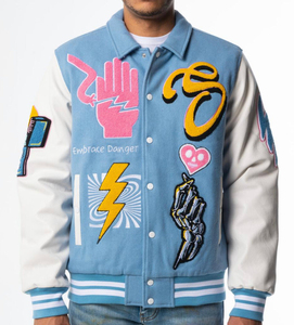 แจ็คเก็ตวาร์ซิตี้สีดำหนังแท้ทรงสตรีทไซส์ใหญ่สำหรับสไตล์ไฮสตรีท แจ็คเก็ตเบสบอลวาร์ซิตี้ปักลาย - Product Image 4