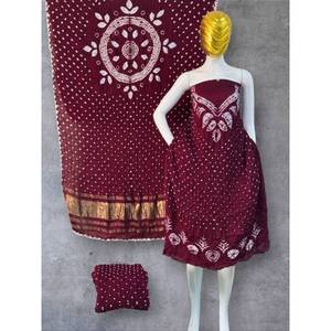 Tissu pour robe formelle femme en soie modale rouge corail non tissée, écologique, brodé floral Bandhani Sibori, coupe trapèze - Product Image 2