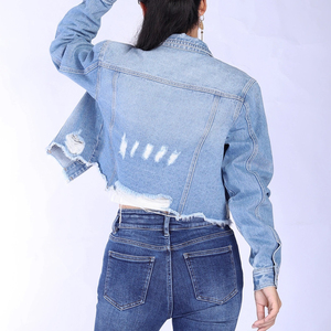 Chaqueta vaquera de manga larga para mujer personalizada con diseño desgastado, ropa informal rellena de algodón para exteriores para otoño, OEM disponible - Product Image 6