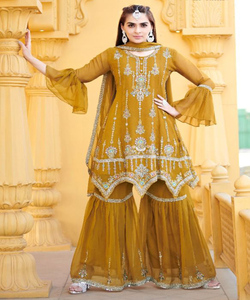 Attrayant Georgette broderie séquence travail haut Palazzo avec Dupatta pakistanais vêtements de mariage prix de gros vêtement ethnique ApparelGarment Gharara - Product Image 1