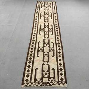 Turkish Vintage Runner Rug 3.1x12.1 ft, Kilim <b>Brown</b> <b>Wool</b> Rug - Product Image 1