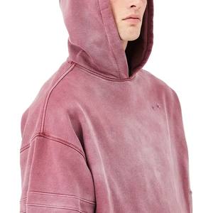 Wholesale 480 Gsm Thick 100% Cotton Fleece Pullover Oversized <b>Hoodies</b> <b>Red</b> Color Vintage Acid Wash Distress <b>Hoodie</b> - Product Image 2