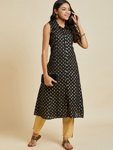 Conjuntos de Kurti para Mujer, Listos para Usar, Elegantes, Negros, de Algodón, Cuello en V, Sin Mangas, Corte en A, Premium, para Oficina, Casuales, a la Moda 2024, Étnicos - Product Image 3