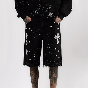 Verano Vintage Streetwear Heavyweight Moda masculina con un diseño de Cruz de cristal Tendencias lavadas y pantalones cortos de mezclilla con diamantes de imitación - Product Image 5