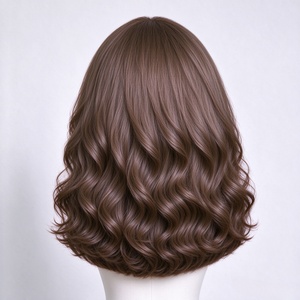 Short Ash Brown Fiber <b>Wig</b> Soft Curl <b>Synthetic</b> Hairpiece Natural Hairline Glueless Shoulder Length for Daily Wear - Product Image 5