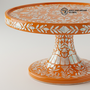 Artisan Orange Mother of Pearl Cake Stand Pedestal de madera hecho a mano para pasteles y golosinas - Product Image 5