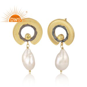 Pendientes colgantes de circonia cúbica natural chapado en oro de 18k y perlas, joyería fina - Product Image 2