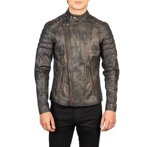 Veste en cuir vieilli noir vintage pour hommes, coupe ajustée, style motard matelassé avec poches zippées et finition rétro, commandes OEM - Product Image 2