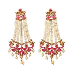 Kriaa <b>Fine</b> <b>Dangle</b> <b>Earrings</b> Pink Meenakari with Austrian Stone Pearl 1312951C Model - Product Image 1