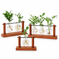 Station de propagation de plantes en bois avec 1, 2 ou 3 vases en verre, pot hydroponique de bureau pour la décoration de la maison et du bureau