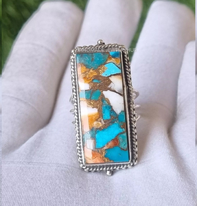 Anillos Finos de Plata de Ley 925 con Diseño Clásico, Estilo Bohemio, con Turquesa de Cobre Espinoso en Engaste de Bisel, Forma Rectangular de 9x18 mm - Product Image 2
