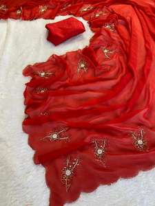 Saree en georgette pure et douce de créateur exclusif avec de belles mains khatli et cutdana Ari work butta Indian Ethnic Wear - Product Image 6