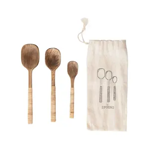 Handcrafted Mango <b>Wood</b> <b>Spoon</b> <b>Set</b> with Rattan Wrapped Handles Eco Friendly Kitchen Utensil Serving <b>Spoons</b> - Product Image 5