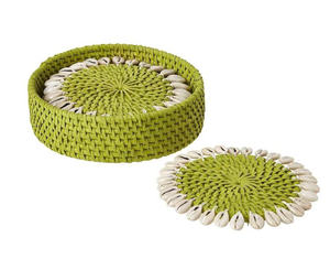 Sous-verres ronds en rotin avec coquillages, tapis à boissons naturels minimalistes pour la décoration de la maison scandinave moderne, pour le café, le thé, la protection du bureau - Product Image 1