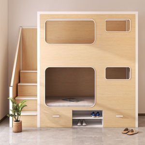 KSL Jugendherbergen-Serie Holz-Kapsel-Etagenbett für 2 Personen mit Schuhschränken unter dem Bett, Seitentreppe und Robustem Schlafpod - Product Image 1