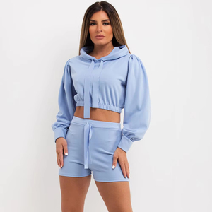 Ensembles d'activités de plein air pour femmes Ensemble short et sweat à capuche en coton uni - Product Image 1