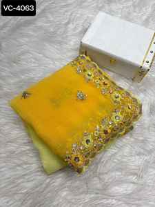 Nuevas mujeres atractivas usan colecciones de Sari de lujo con hermosos bordados y Sari de trabajo de secuencia con piezas de blusa para mujeres - Product Image 3