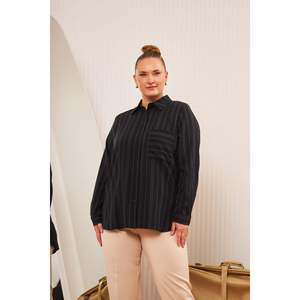 Camisa de Manga Larga a Rayas Negras para Mujer, Talla Grande, con Botones, Bolsillo en el Pecho y Aberturas Laterales, 100% Poliéster Tejido - Product Image 2