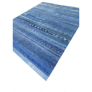 Alfombra Manchaha Azul de Lana y Seda de Bambú Anudada a Mano, 10 mm de Grosor, Patrón Geométrico Abstracto para el Hogar, Pasillo, Modelo Rectangular-Les-2567 - Product Image 2
