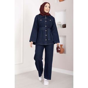 Costume décontracté bleu foncé avec ceinture, veste et pantalon style denim - Product Image 4