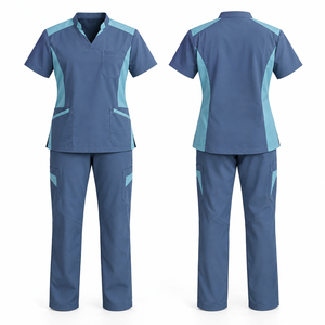 Conjunto de Uniforme Médico Personalizado para Mujer, Azul con Detalles en Azul Claro, Cuello en V, Manga Corta, Tela de Poliéster Tejida - Product Image 1