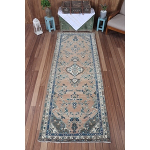 Alfombra Turca de 3.3x9.1 pies, Alfombra Vintage Azul con Diseño Geométrico - Product Image 1