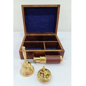 Boîte en bois nautique ensemble boussole de télescope en laiton et boîte-cadeau de cloche pour un ami père artisanat en bois naturel finitions lisses - Product Image 6