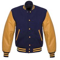 Erkekler Napolyon Toptan Varsity Letterman Beyzbol Mavi Yamalı Yün Düğmeli Hakiki Altın Deri Kollu Ceket