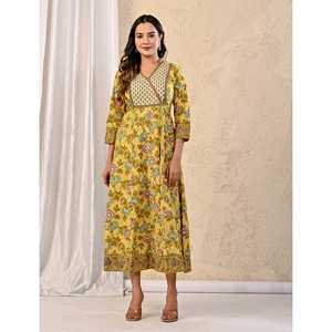 Vestido Largo Elegante Amarillo con Estampado Jaal de Algodón Crema para Mujer, Talla Única y 5XL, para Fiestas de Cumpleaños, Oficina, Trabajo, Clubes y Uso Diario - Product Image 3