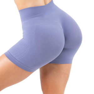 กางเกงขาสั้นออกกำลังกายเอวสูงไร้รอยต่อสีม่วงสำหรับผู้หญิง ยืดหยุ่น กระชับสัดส่วน เหมาะสำหรับออกกำลังกาย ฟิตเนส โยคะ - Product Image 4