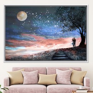 Couple Under Stars Printed Canvas Artwork - Elegant Wall Decor,WHITE <b>FRAMED</b> CANVAS - Product Image 1