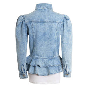Wholesale Ladies Stonewash Blue <b>Jean</b> Jacket Puff Sleeves Customized Sizes 10 8 10 12 14 16 Casual Fashion Cotton Filled Fabric - Product Image 5
